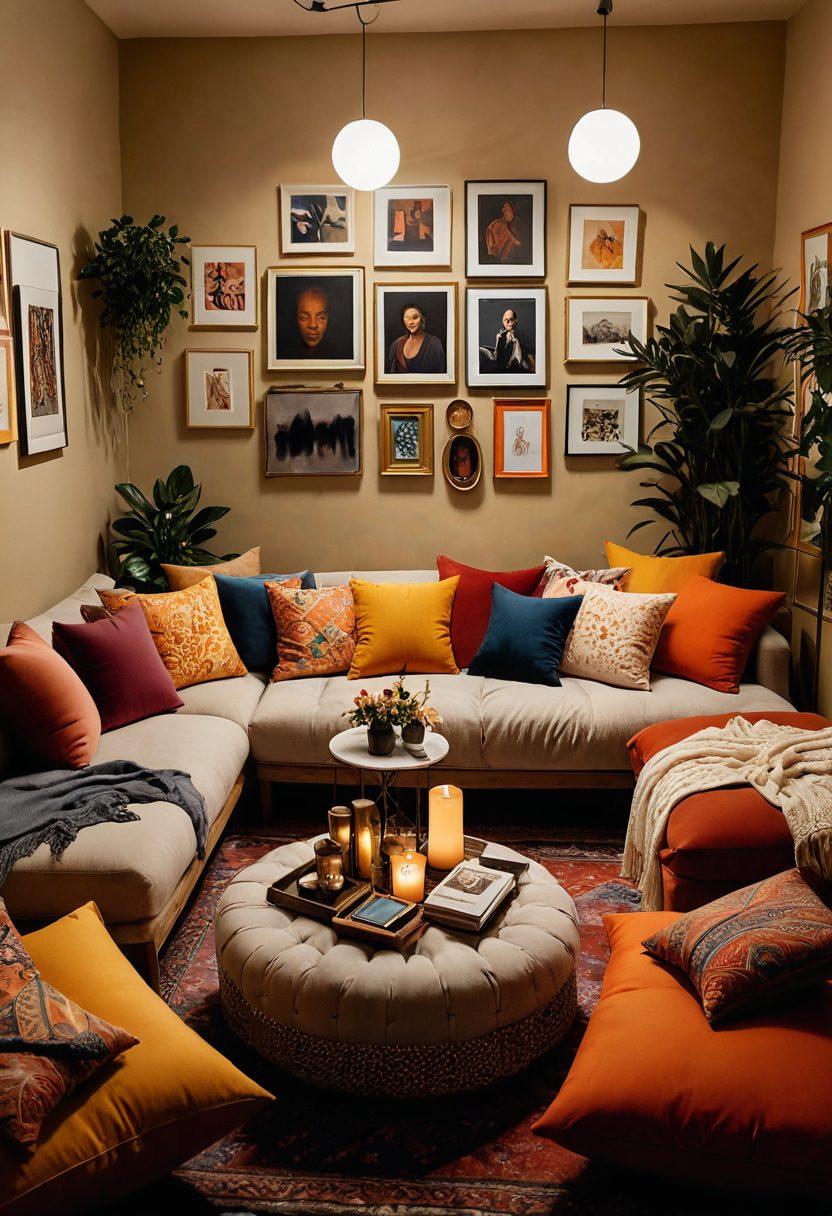 An intimate gathering scene in a softly lit, cozy room adorned with eclectic décor, showcasing diverse individuals sharing personal stories about sexual wellness. Include elements like colorful cushions, art pieces symbolizing freedom and expression, and subtle hints of kink accessories. The atmosphere should exude warmth, openness, and understanding among the participants. super-realistic. warm colors. cozy ambiance.